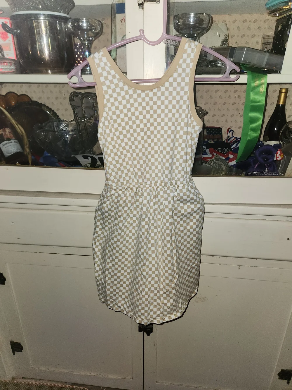 GAP Beige & White Checkered Sleeveless Pocket Dress